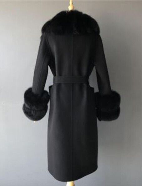 Women's Black Cashmere Wool Blend Winter Coat Fox Fur - Image 3