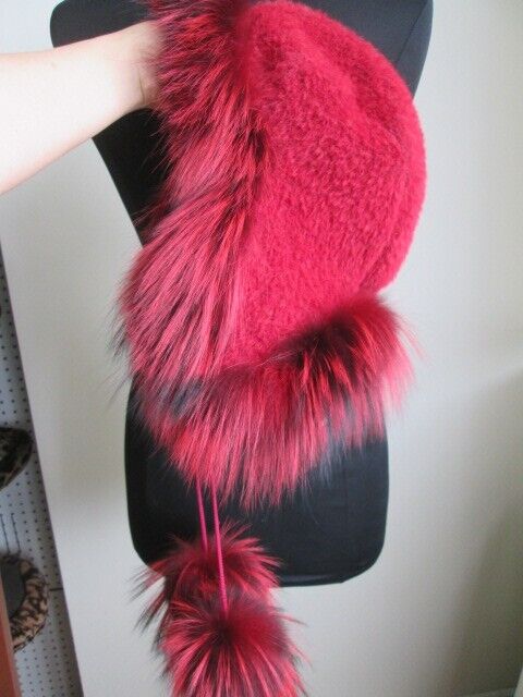 Women's Red Alpaca Aviator Hat with Silver Fox Fur - Image 7