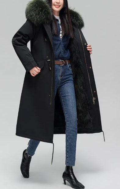 Women's Coat Green Fox Raccoon Fur Parka Hood New - Image 7