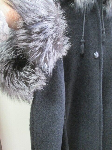 Women's New Black Alpaca Hooded Cape with Silver Fox Fur Trims - Image 4