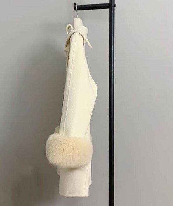 Women's Cream Wool Cashmere Blend Jacket Coat Fox Fur - Image 3