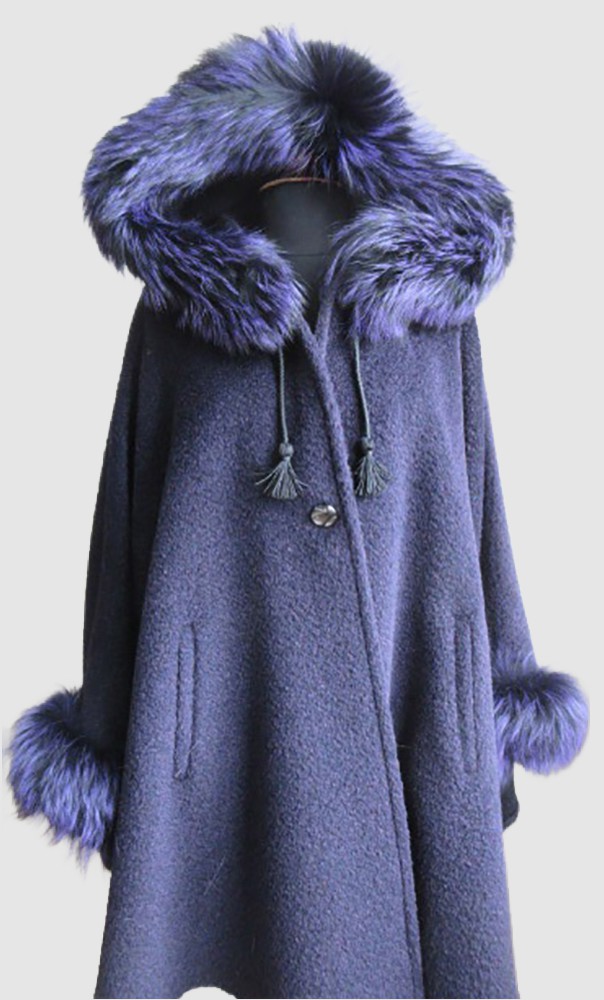 Women's Purple Alpaca Hooded Cape with Silver Fox Fur Trims