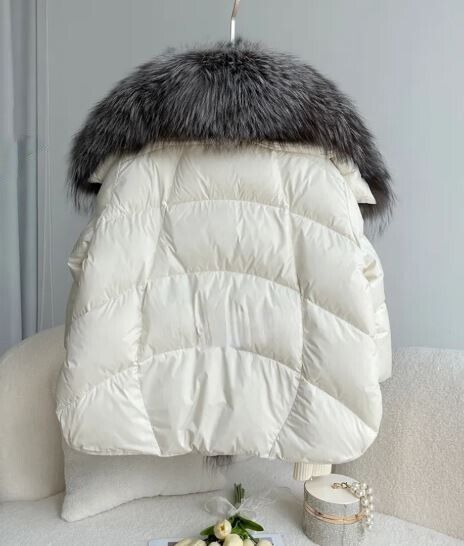 Women's White Down Jacket Coat Silver Fox Fur New - Image 3