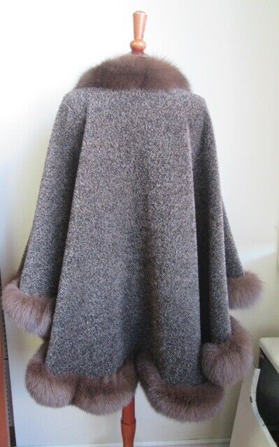 Women's Brown 100% Alpaca Fur Wrap Cape with Fox Fur Trims - Image 6