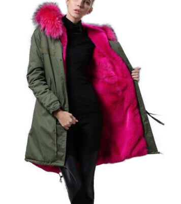 Women's Green Parka Coat Pink Raccoon Fur Hood - Image 4