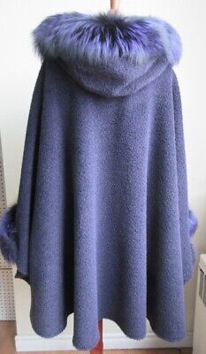 Women's Purple Alpaca Hooded Cape with Silver Fox Fur Trims - Image 5