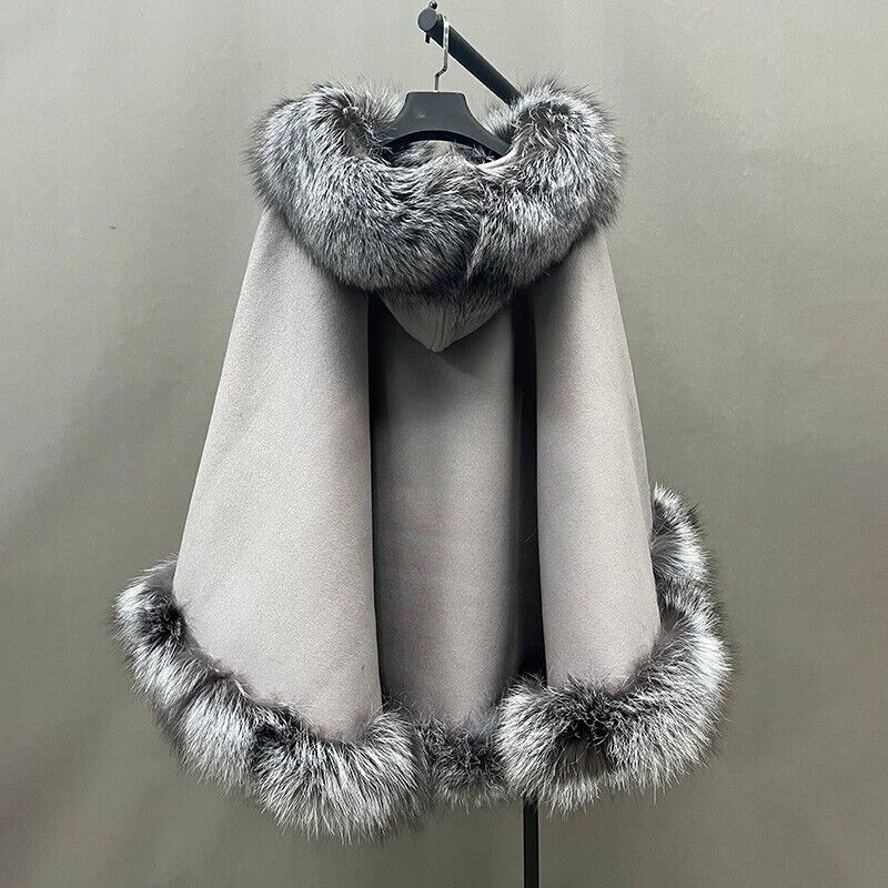 Women's Grey Cashmere Wool Wrap Cape Hood Silver Fox Fur T - Image 3