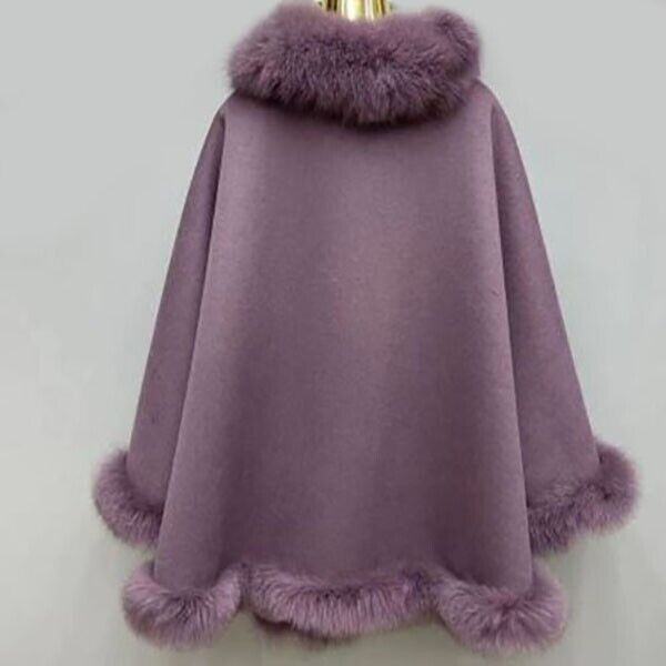 Women's Cashmere Wool Wrap Cape with Fox Fur Purple Mauve - Image 3