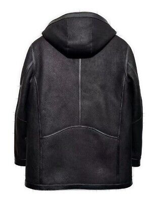 Men's Black Shearling Leather Jacket Sheepskin Hood - Image 4