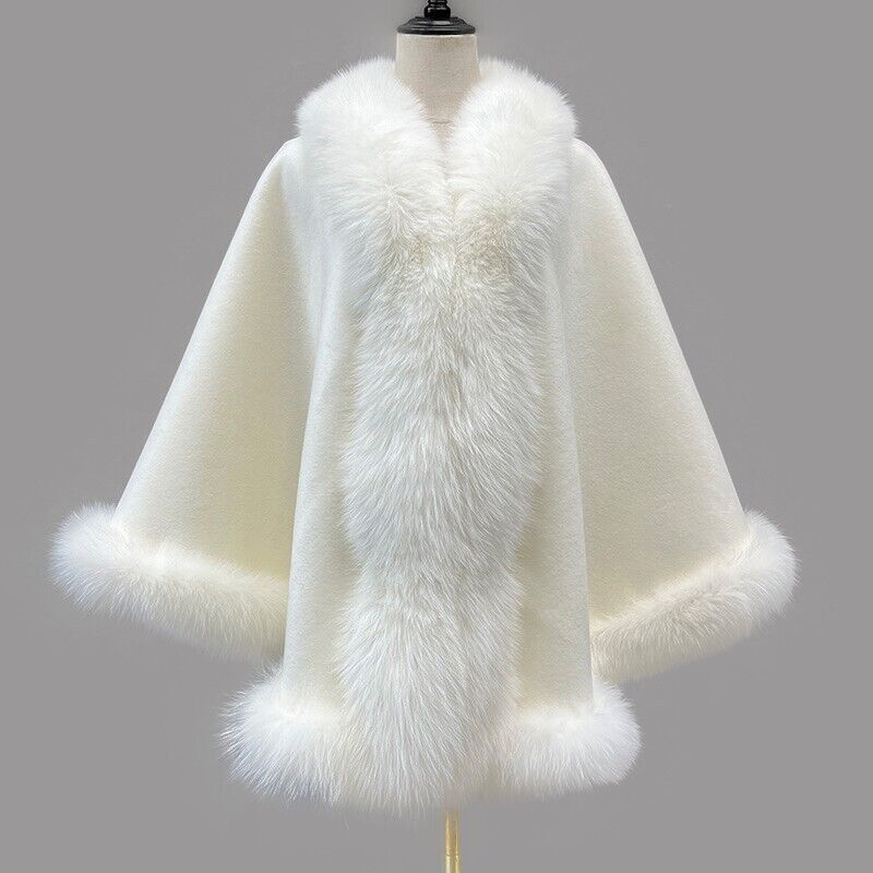 Women's Cashmere Wool Wrap Cape with Fox Fur Ivory White - Image 2