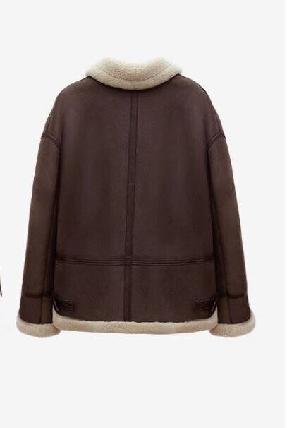 Men's Brown Leather Shearling Sheepskin Fur Jacket - Image 3