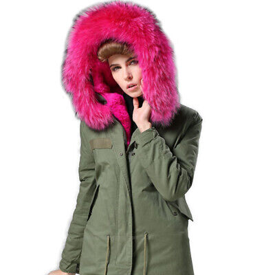 Women's Green Parka Coat Pink Raccoon Fur Hood - Image 6