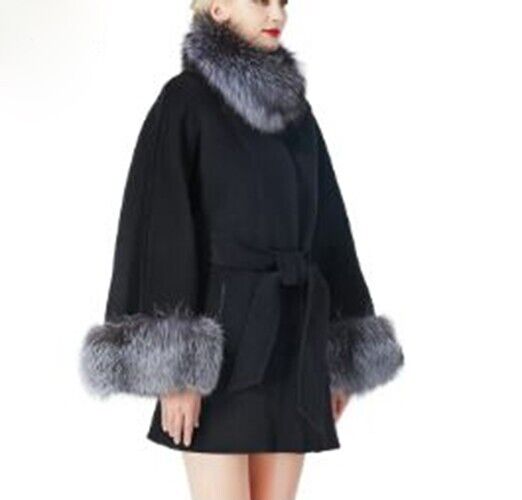 Women's Black Wool Blend Jacket Coat Silver Fox Fur - Image 4