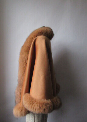Women's Caramel Camel Cashmere Wool Wrap Cape Fox Fur Trim - Image 4