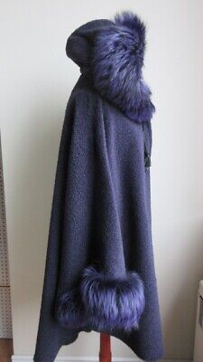 Women's Purple Alpaca Hooded Cape with Silver Fox Fur Trims - Image 3
