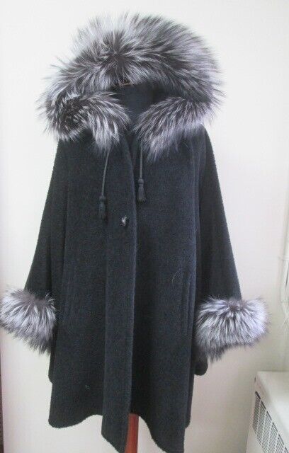 Women's New Black Alpaca Hooded Cape with Silver Fox Fur Trims - Image 3