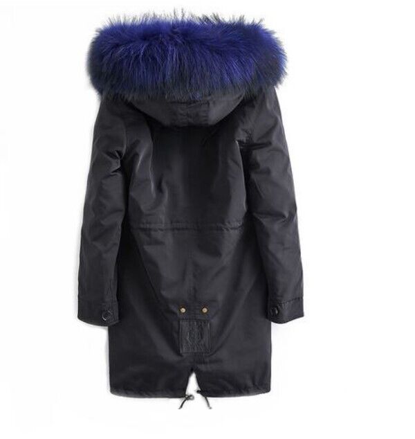 Winter Coat Jacket Blue Raccoon Fur Parka Hood Lining - Image 3