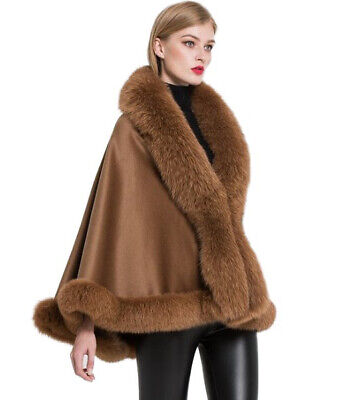 Women's 100% Cashmere Caramel Wrap Cape Shawl Fox Fur - Image 3