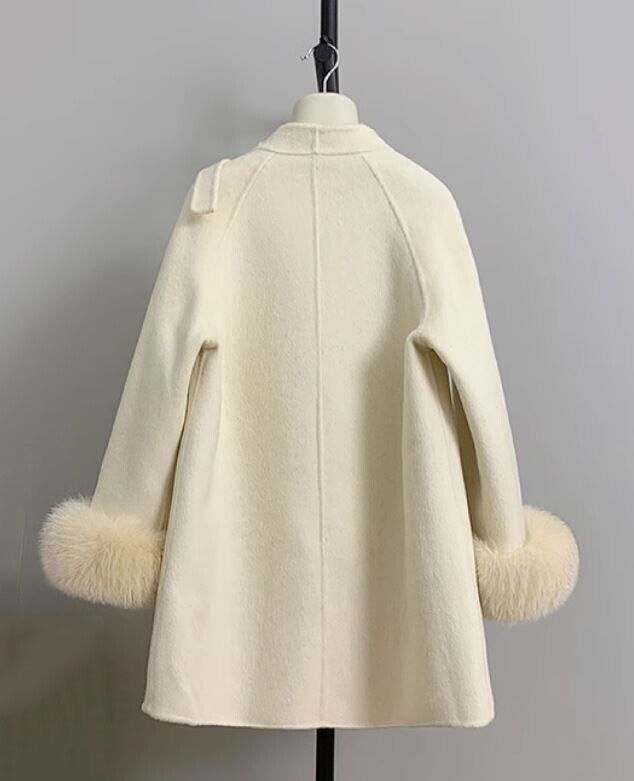 Women's Cream Wool Cashmere Blend Jacket Coat Fox Fur - Image 4