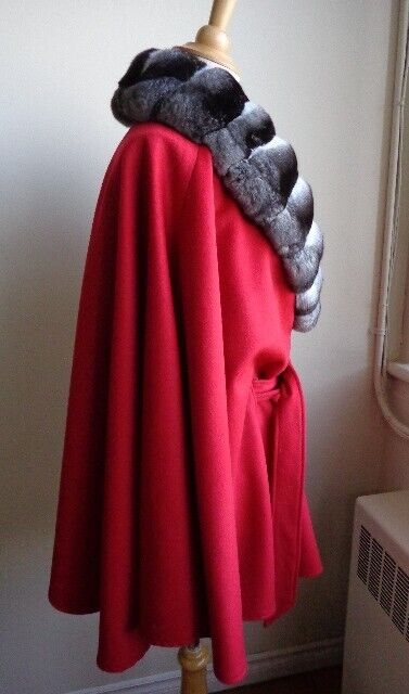 Women's 100% Cashmere Red Cape Wrap Chinchilla Fur - Image 4