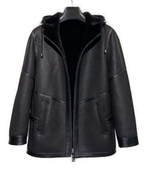 Men's Black Shearling Leather Jacket Sheepskin Hood - Image 3
