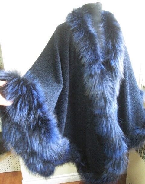 Women's Blue Alpaca Wrap Cape Fox Fur Trims - Image 4