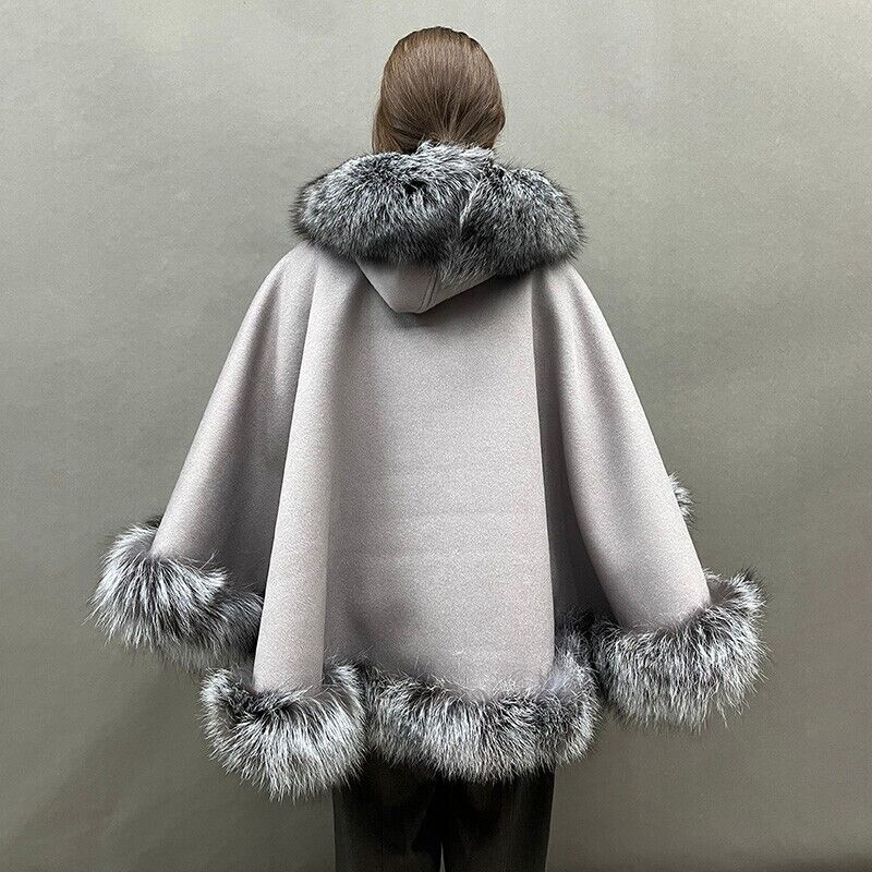 Women's Grey Cashmere Wool Wrap Cape Hood Silver Fox Fur T - Image 4