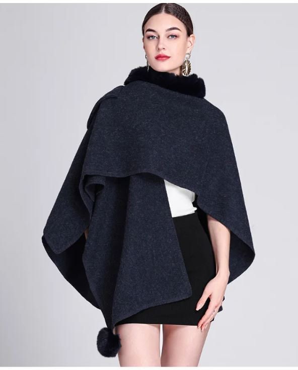 Women's Purple Wool Cape Shawl Wrap Rex Rabbit Fur - Image 5
