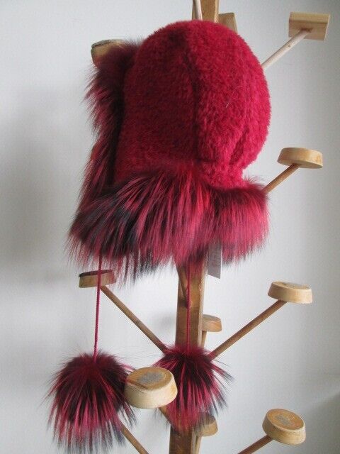 Women's Red Alpaca Aviator Hat with Silver Fox Fur - Image 9