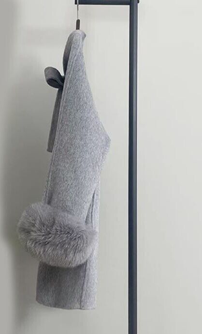 Women's Wool Cashmere Blend Jacket Coat Fox Fur Grey - Image 3