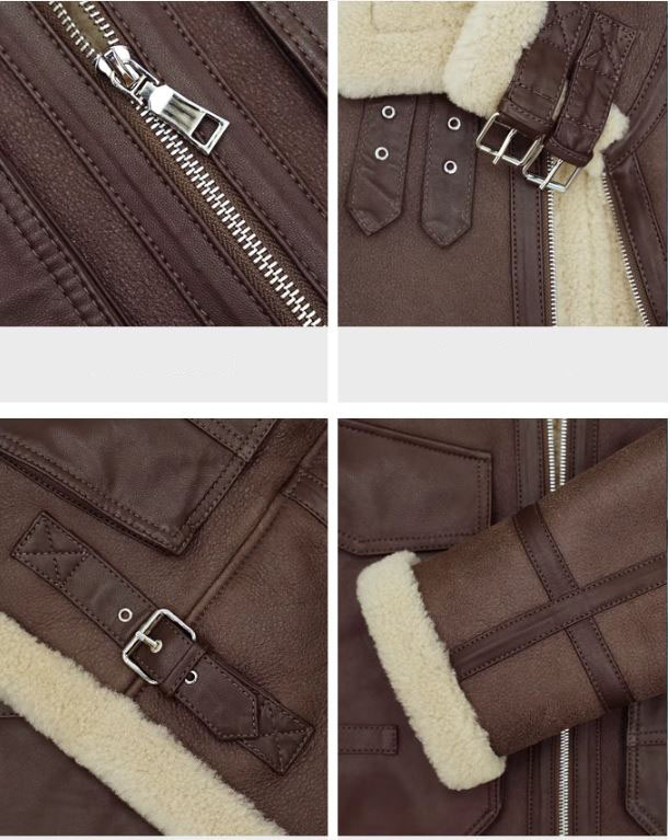 Men's Brown Leather Shearling Sheepskin Fur Jacket - Image 5