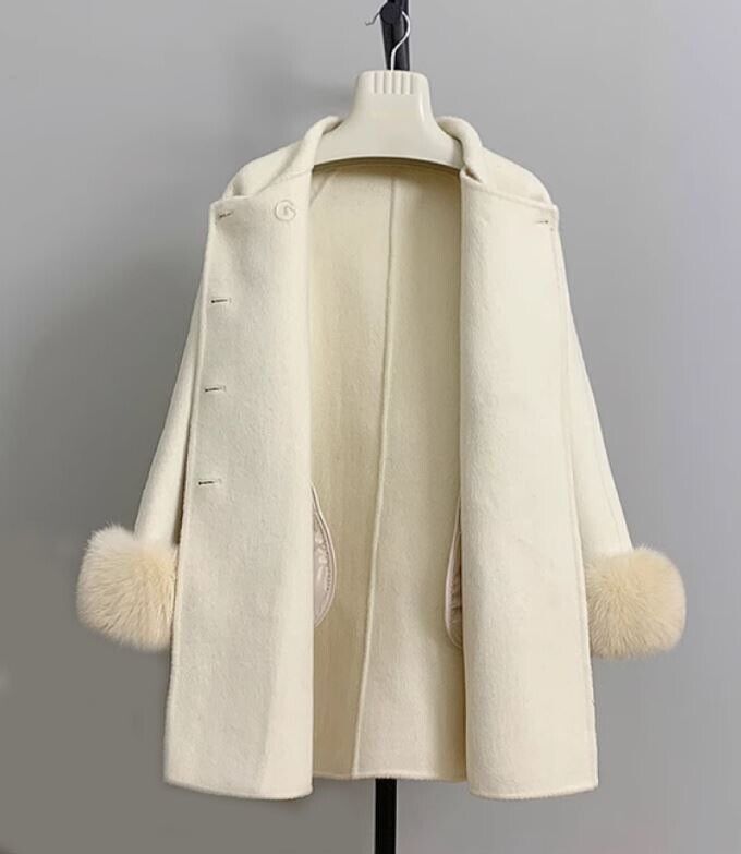 Women's Cream Wool Cashmere Blend Jacket Coat Fox Fur - Image 2