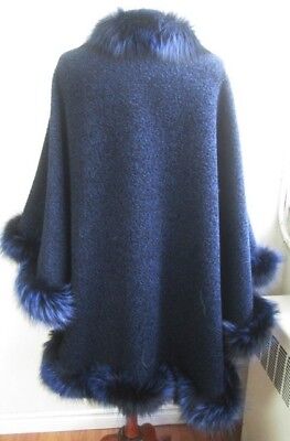 Women's Blue Alpaca Wrap Cape Fox Fur Trims - Image 3