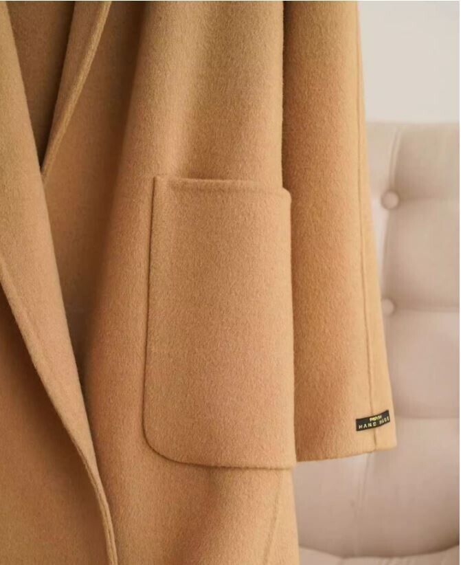 Women's Caramel Cashmere Wool Coat Hood Oversized - Image 3