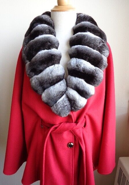 Women's 100% Cashmere Red Cape Wrap Chinchilla Fur - Image 3