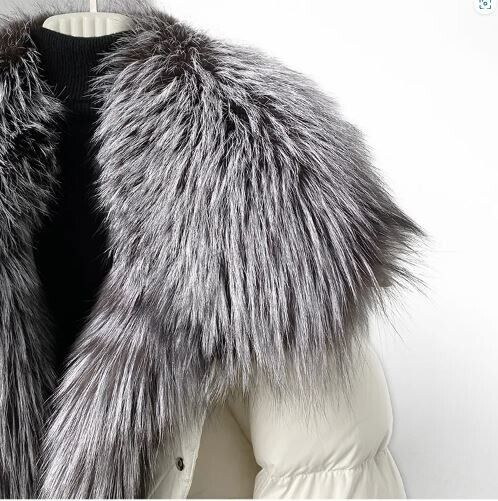 Women's White Down Jacket Coat Silver Fox Fur New - Image 4