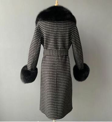 Women's Black Cashmere Wool Blend Coat Fox Fur - Image 4