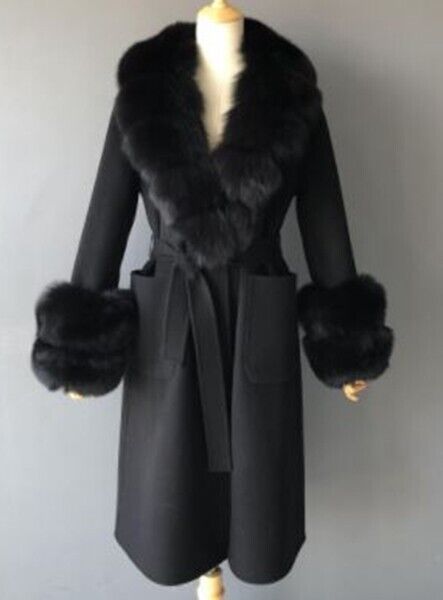 Women's Black Cashmere Wool Blend Winter Coat Fox Fur - Image 4