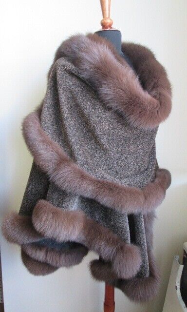 Women's Brown 100% Alpaca Fur Wrap Cape with Fox Fur Trims - Image 4