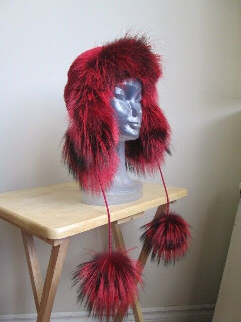 Women's Red Alpaca Aviator Hat with Silver Fox Fur - Image 3