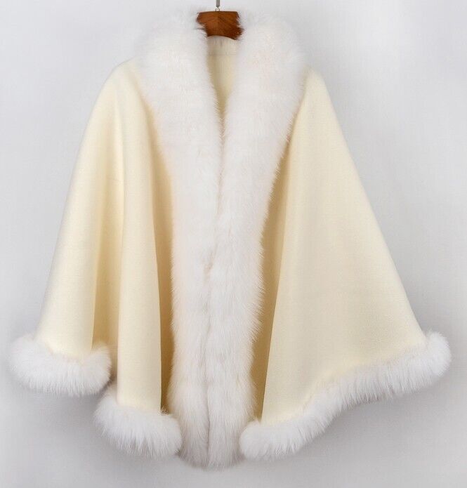Women's Cashmere Wool Wrap Cape with Fox Fur Ivory White - Image 4