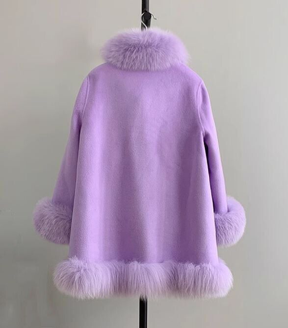 Women's Lilac Cashmere Wool Wrap Cape Jacket Fox Fur - Image 3