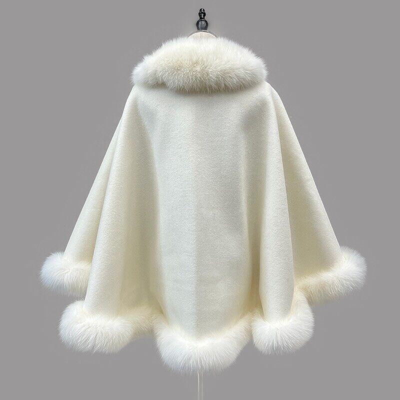 Women's Cashmere Wool Wrap Cape with Fox Fur Ivory White - Image 3
