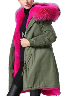 Women's Green Parka Coat Pink Raccoon Fur Hood - Image 3