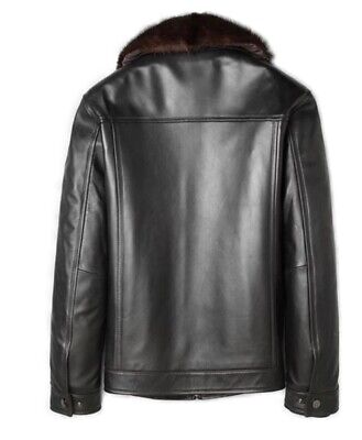 Men's Black Leather Jacket Coat With Mink Fur Collar - Image 3