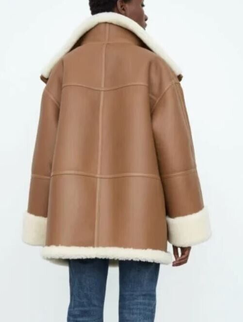 Women's Camel Shearling Leather Lamb Fur Jacket Coat - Image 3