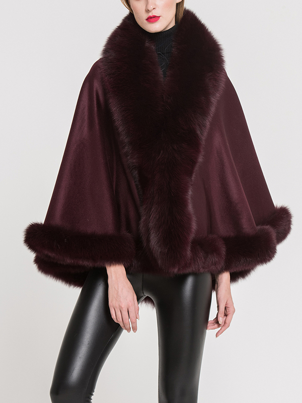 Women's 100% Cashmere Burgundy Wrap Cape Fox Fur