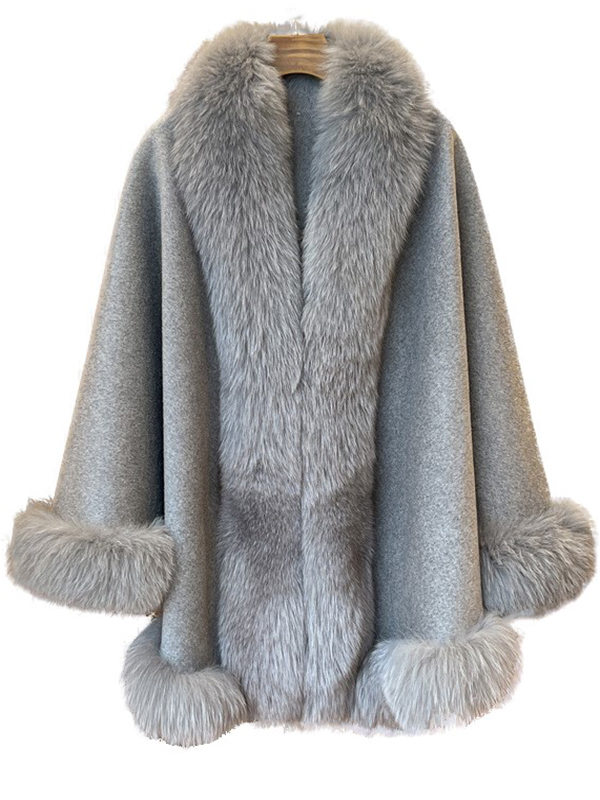 Women's Cashmere Wool Wrap Cape with Fox Fur Grey - Image 4