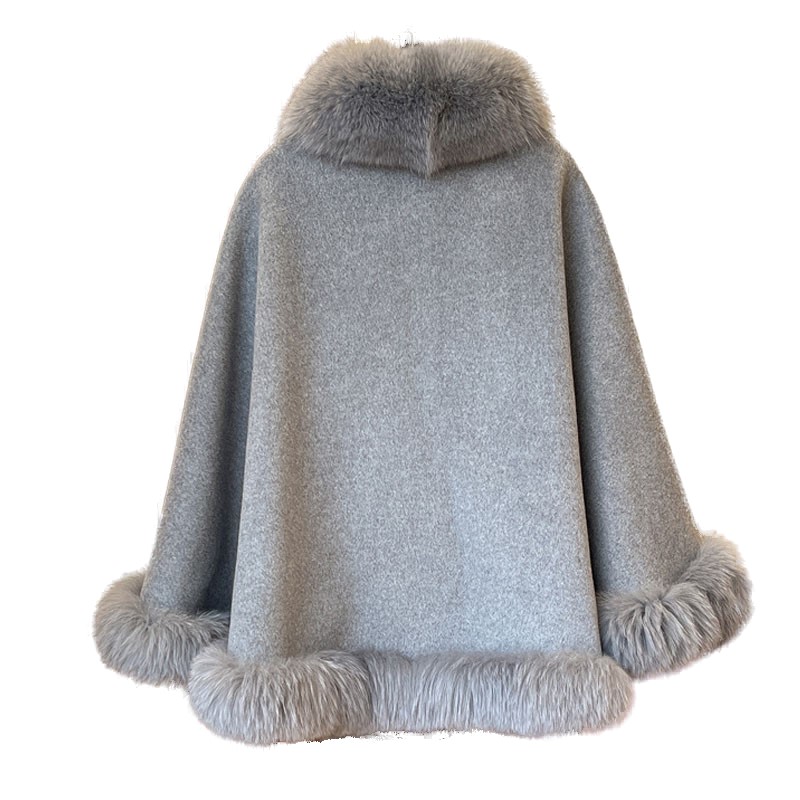 Women's Cashmere Wool Wrap Cape with Fox Fur Grey - Image 5