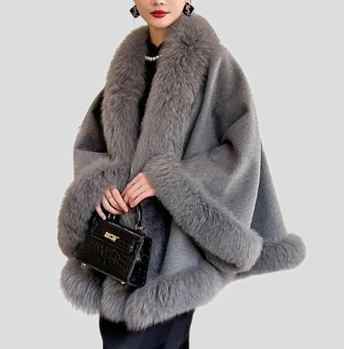 Women's Cashmere Wool Wrap Cape with Fox Fur Grey - Image 2